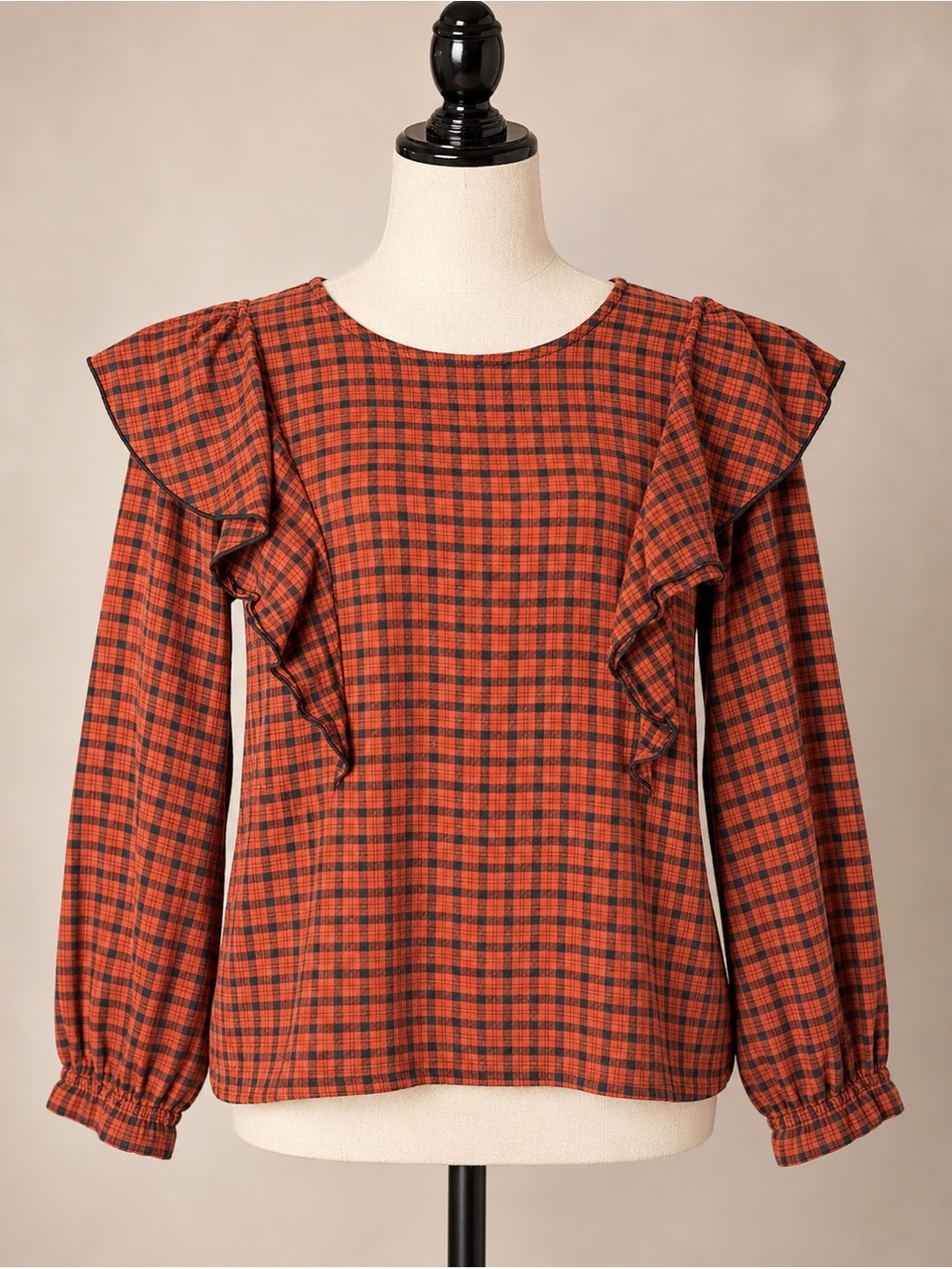 Madewell Orange and Black Plaid Ruffle Shoulder Blouse